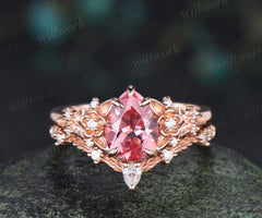 Vintage pear padparadscha pink sapphire bridal set 5 claw prong leaf floral moissanite wedding promise ring