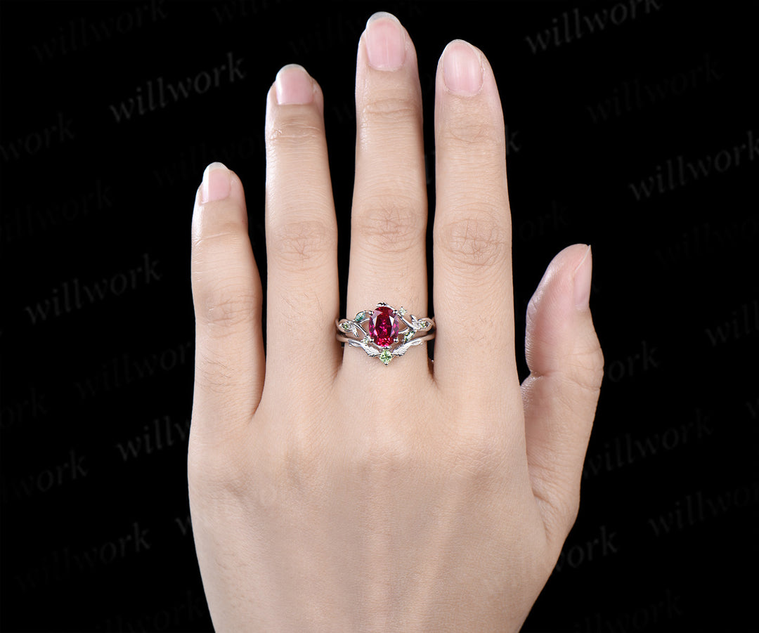 Oval cut ruby engagement ring set split shank marquise moss agate leaf infinity ring peridot vines wedding band