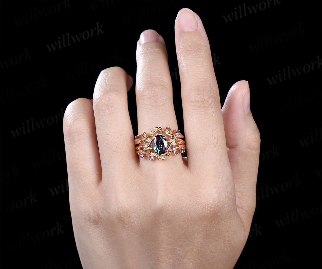 Oval alexandrite engagement ring set leaf twig amethysts ring double layer enhancer wraps band unique brial set