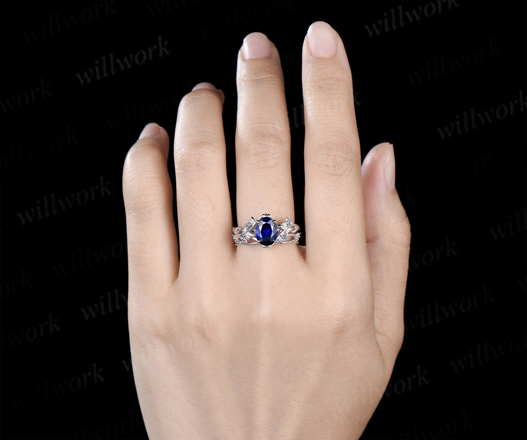 Art Deco Oval Sapphire Engagement Ring Sest Leaf Twig Branch Ring Alexandrite Split Shank Wedding Band Unique 2pc Nature Inspired Bridal Set