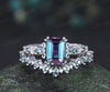 Vintage emerald cut alexandrite engagement ring set filigree art deco blue topaz ring half eternity alexandrite wedding band June birthstone jewelry gifts