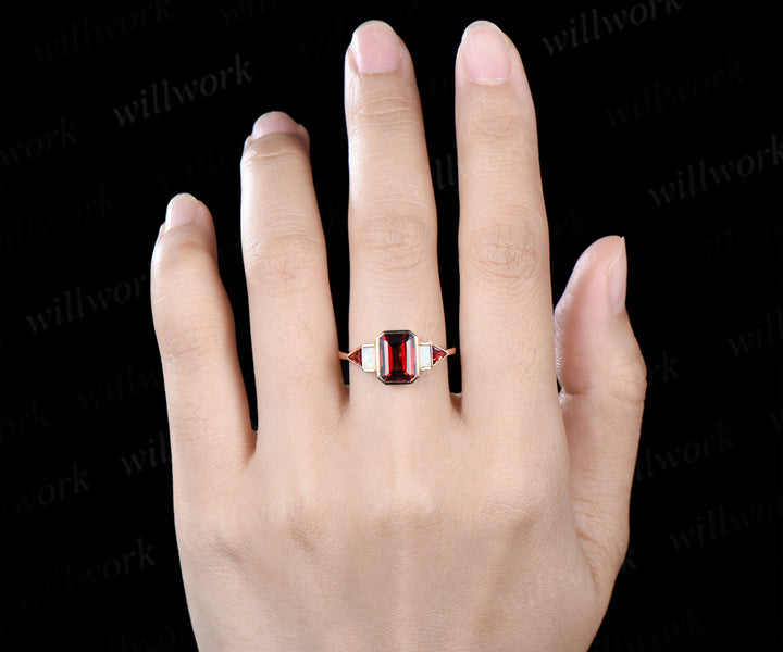 Bezel emerald cut garnet engagement ring baguette opal trilliant garnet ring unique five stones ring for women gifts for her