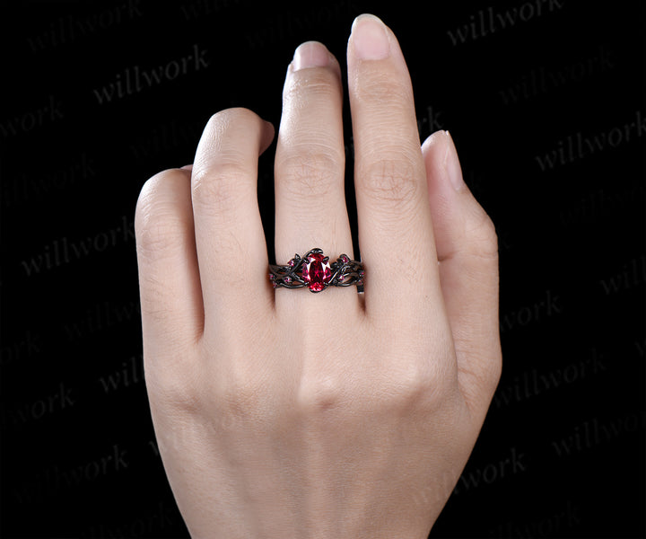 Oval ruby ring set nature inspired black gold engagement ring curved ruby infinity wedding band July birthstone gifts