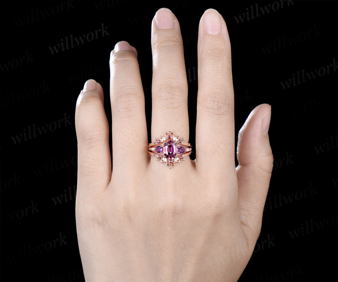 Oval Natural Pink Tourmaline Engagement Ring Set Five Stone Amethyst Opal Art Deco Moissanite Enhancer Band Bridal Set