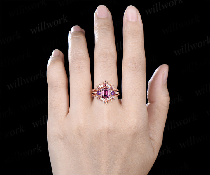 Oval Natural Pink Tourmaline Engagement Ring Set Five Stone Amethyst Opal Art Deco Moissanite Enhancer Band Bridal Set