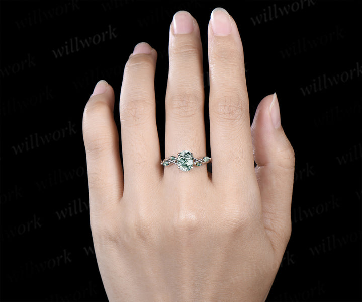 Oval cut moss agate engagement ring marquise moss agate infinity wedding ring unique five stone bridal ring
