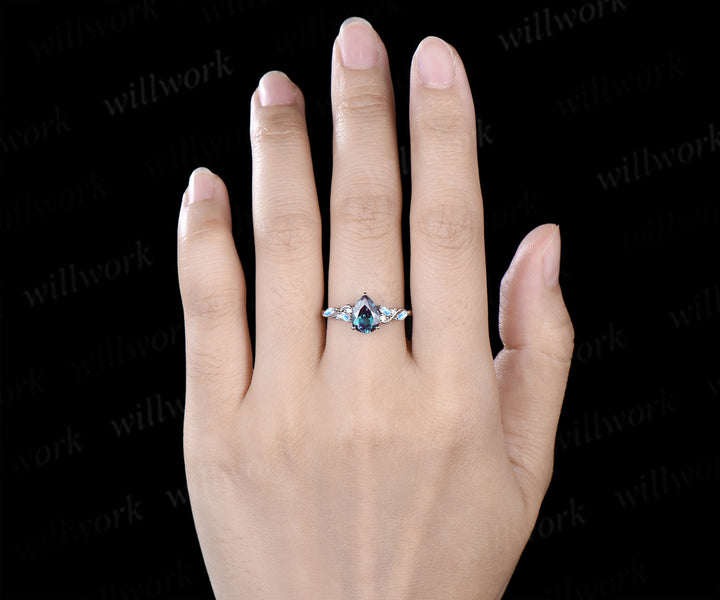 Unique pear alexandrite engagement ring marquise moonstone moissanite cluster bridal wedding ring jewelry gifts for women