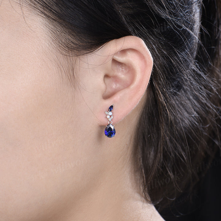 Pear cut sapphire earrings leaf opal marquise sapphire drop earrings September jewelry for her