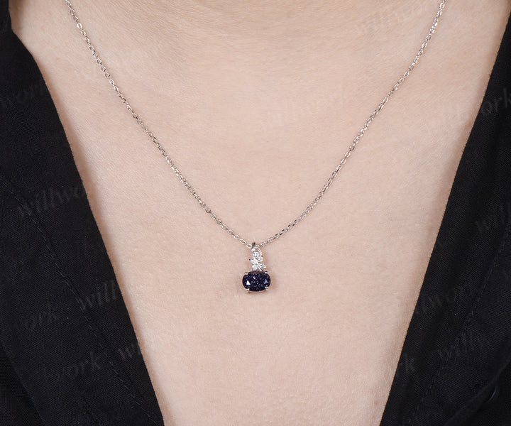 East to West Oval Blue Sandstone Necklace Moissanite Accent Leaf Twig Pendant Nature Inspired Jewelry Gifts