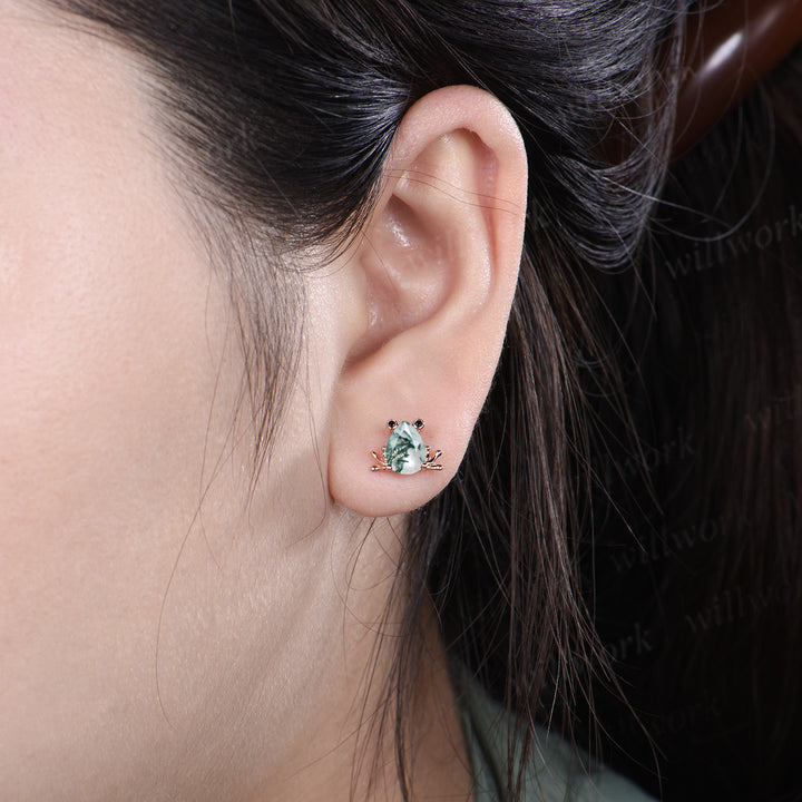 Frog stud earrings pear moss agate black spinels rose gold nature animal jewelry gift