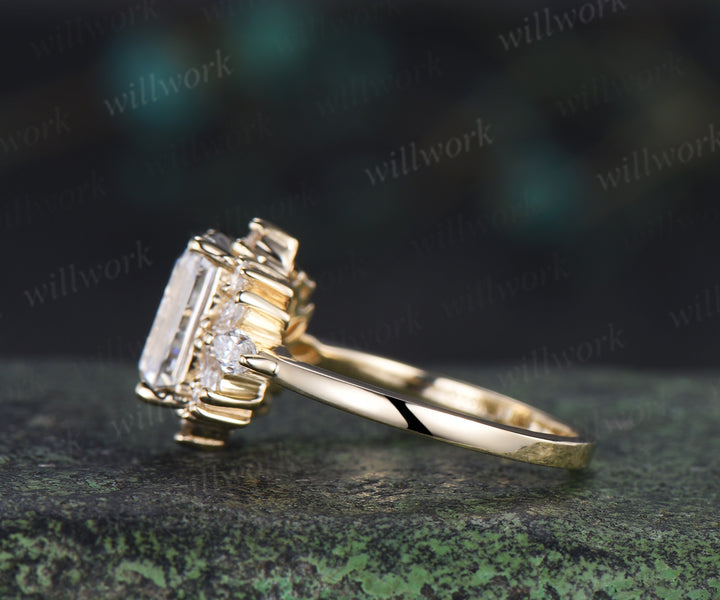 Emerald cut moissanite engagement ring unique cluster marquise pear moissanite promise wedding ring
