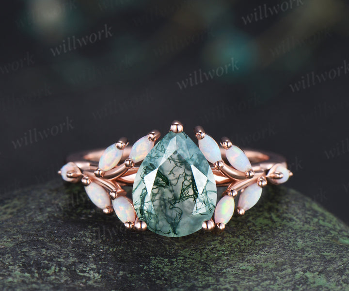 Unique pear moss agate ring leaf inspired opals engagement ring split shank bridal ring