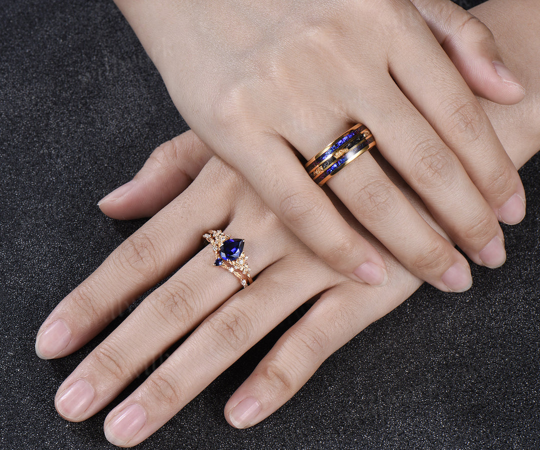 Nature Inspired Pear Sapphire Leaf Twig Ring Set & Tungsten Galaxy Nebula Men Blue Sandstone Band Couple Ring Set