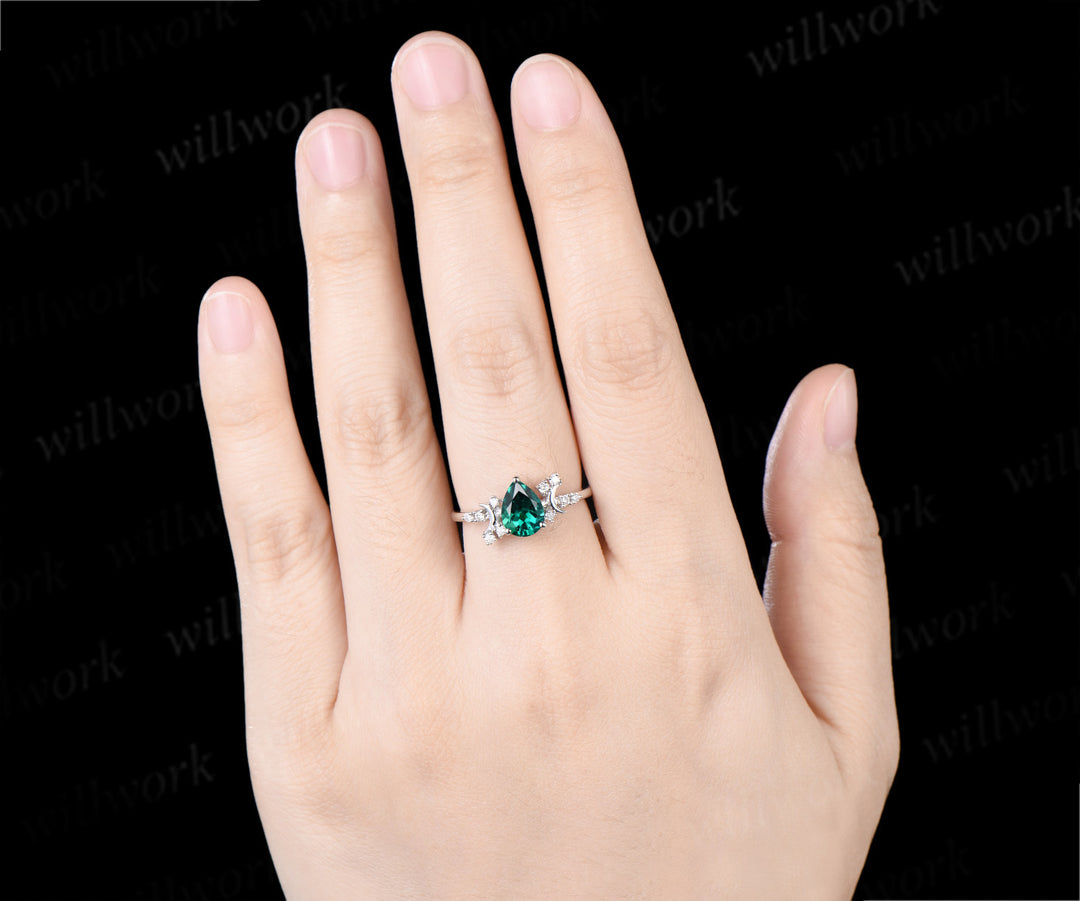 Teardrop Emerald Engagement Ring Art Deco Moon Moissanite Cluster Promise Ring Unique Wedding Ring