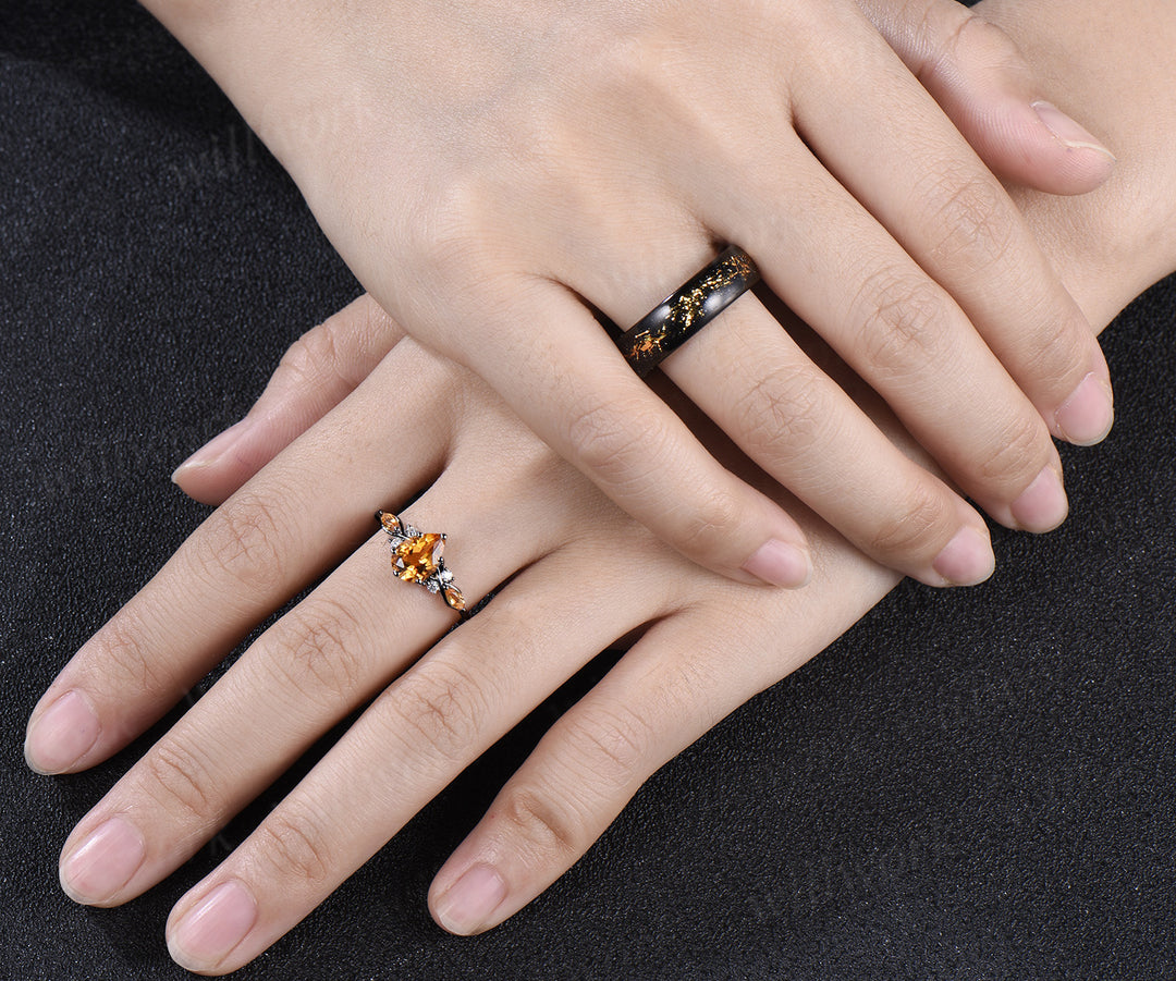 Pear Citrine Seven Stone Engagement Ring & Bold Tungsten Men Wedding Band Couple Rings