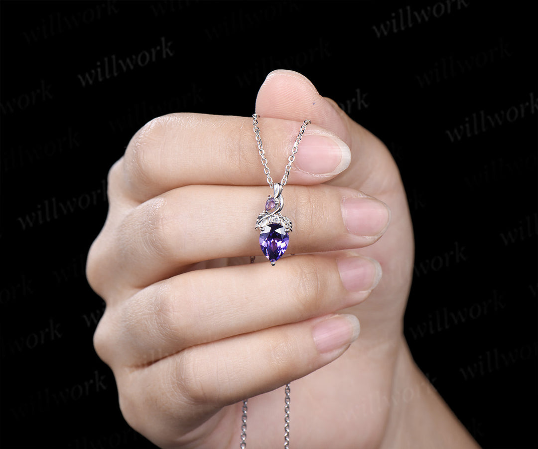 Pear cut purple sapphire pendant necklace leaf vine amethyst moissanite necklace unique gemstone necklace for women gifts for her