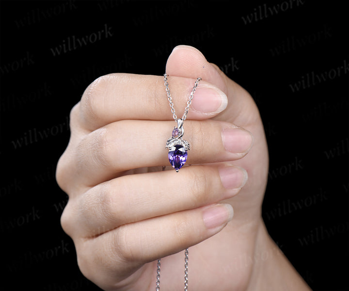 Pear cut purple sapphire pendant necklace leaf vine amethyst moissanite necklace unique gemstone necklace for women gifts for her