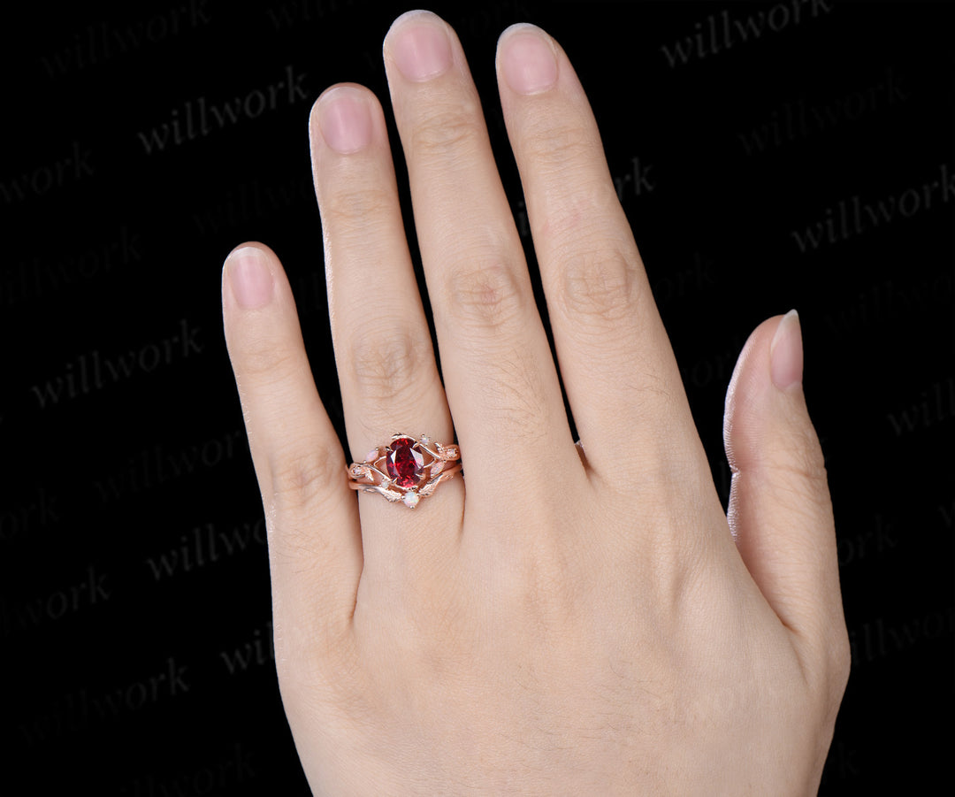Oval Cut Ruby Split Shank Engagement Ring Set  Marquise Opal Leaf Vine Infinity Ring Matching Stacking Ring Bridal Set
