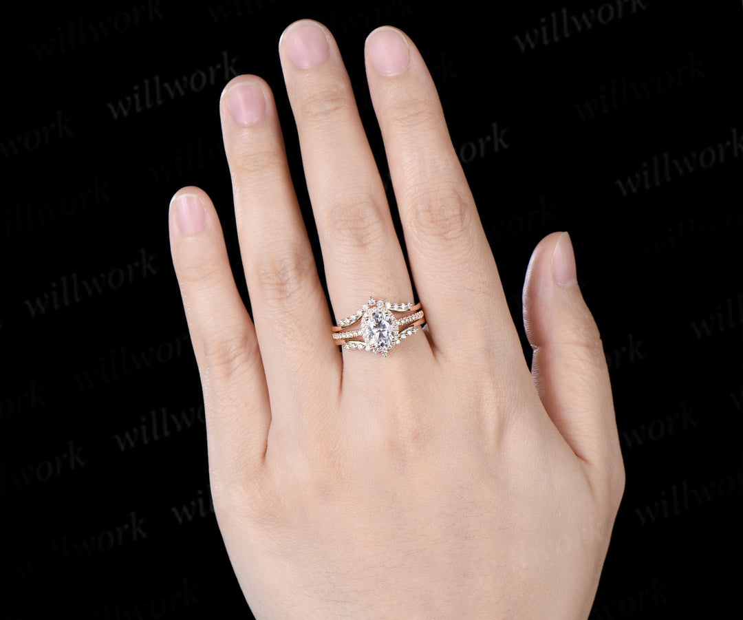 Vintage Oval Cut Moissanite Engagement Ring Diamond Halo Half Eternity Ring Curved Matching Stacking Enhancer Band Timeless Bridal Set