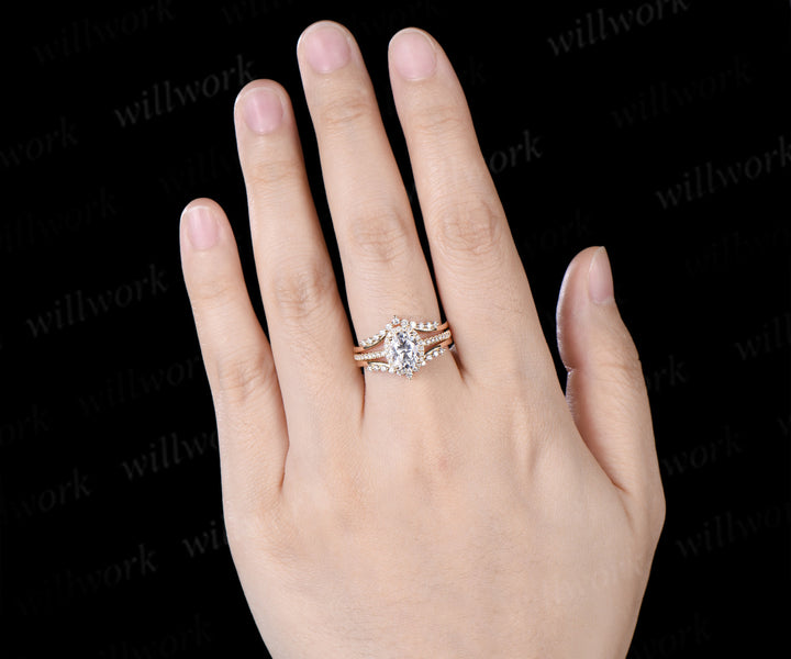 Vintage Oval Cut Moissanite Engagement Ring Diamond Halo Half Eternity Ring Curved Matching Stacking Enhancer Band Timeless Bridal Set