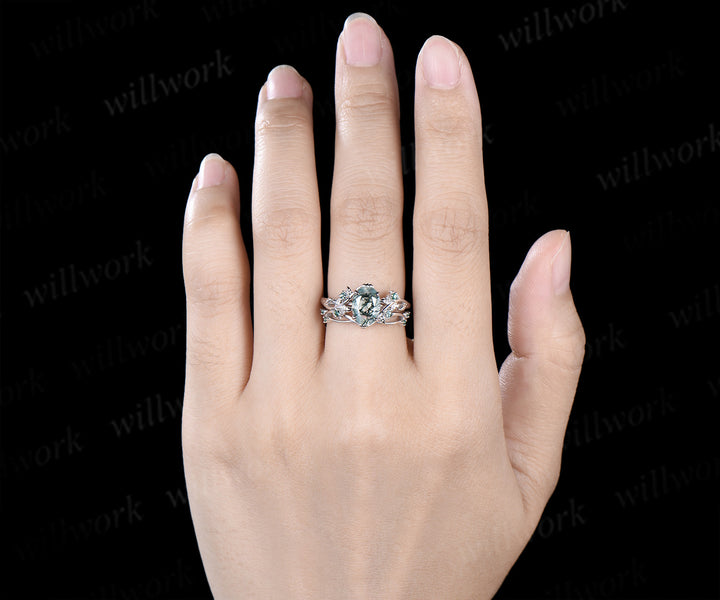 Nature inspired oval moss agate ring set leaf twig engagement ring dainty infinity emerald wedding band