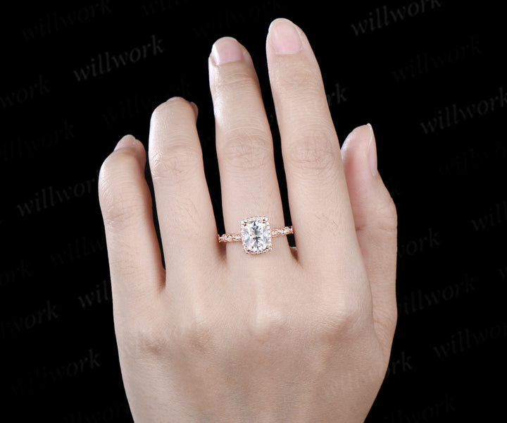 6x8mm cushion cut moissanite engagement ring set rose gold unique halo milgrain ring art deco diamonds half eternity wedding band antique bridal set