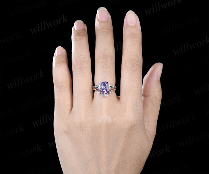 Oval cut lavender amethyst ring set moss agate moissanite engagement ring marquise amethyst wedding band unique bridal set