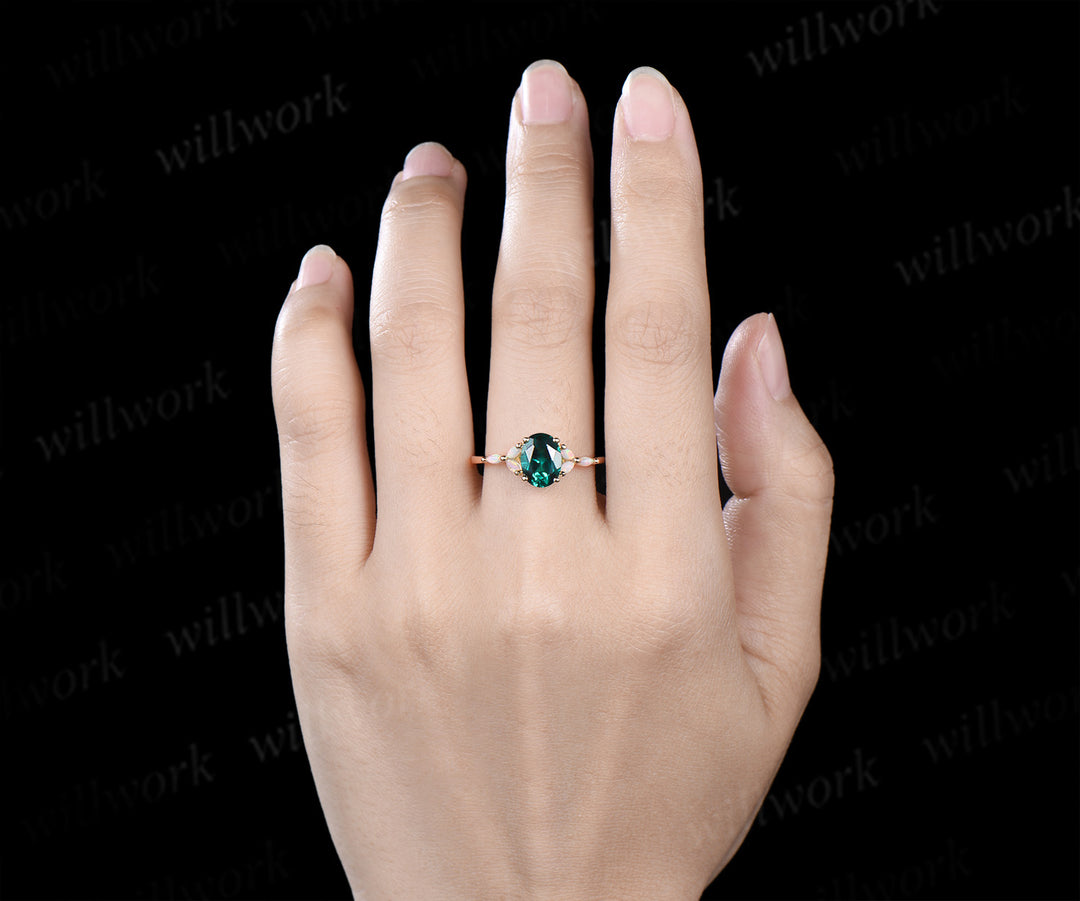 Oval cut emerald engagement ring marquise opals classic seven stone promise ring unique cluster bridal ring