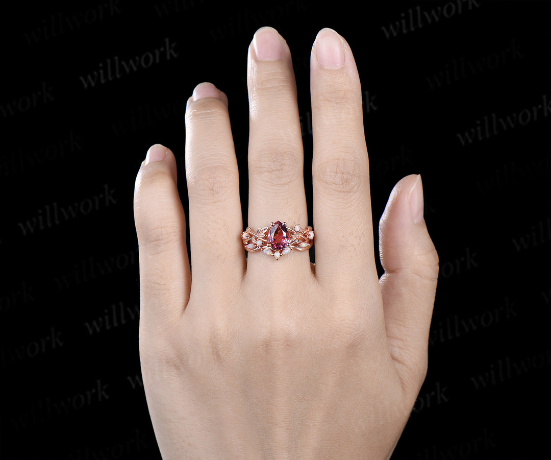 Pear cut natural pink tourmaline leaf engagement ring set nature inspired twig accent opal ring bridal set