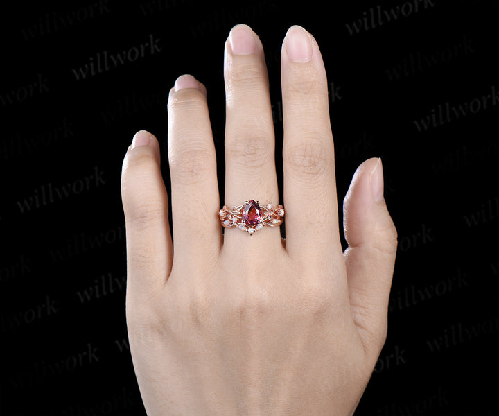 Pear cut natural pink tourmaline leaf engagement ring set nature inspired twig accent opal ring bridal set