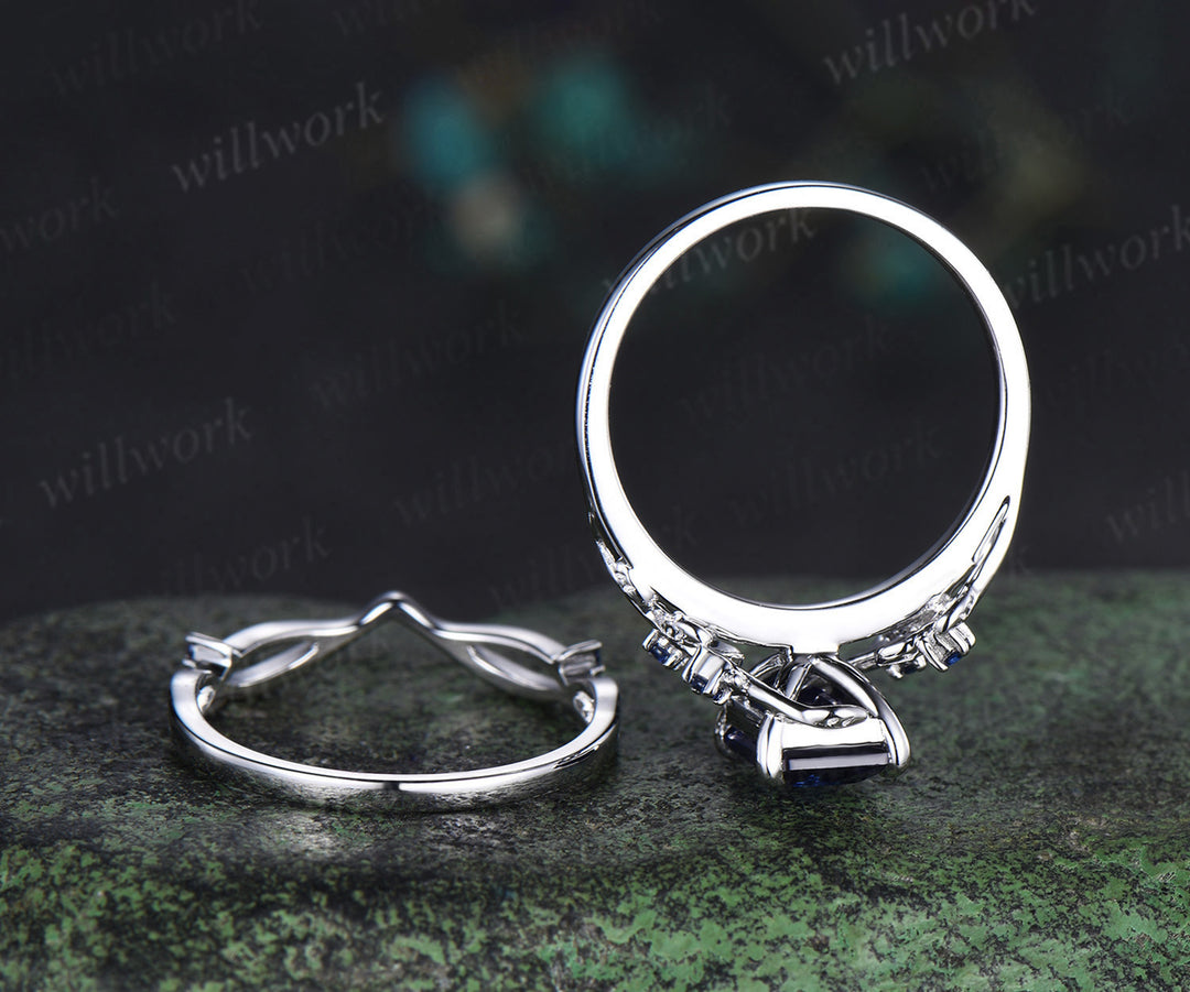 Vintage Radiant cut sapphire engagement ring twig leaf nature inspired sapphire ring art deco matching band unique bridal set