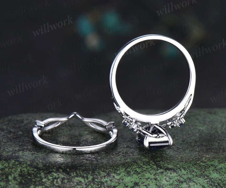 Vintage Radiant cut sapphire engagement ring twig leaf nature inspired sapphire ring art deco matching band unique bridal set