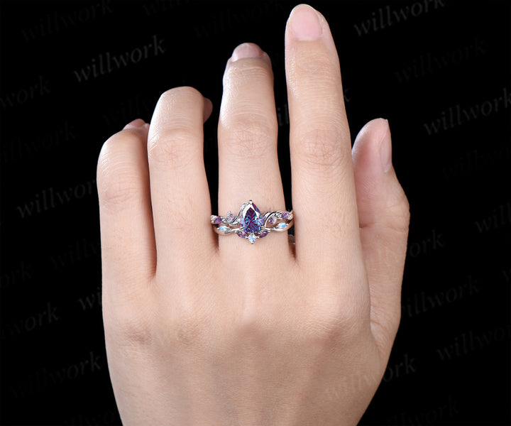 Fireworks cut Alexandrite ring white gold nature inspired bridal ring set leaf amethyst moonstone band gifts for her