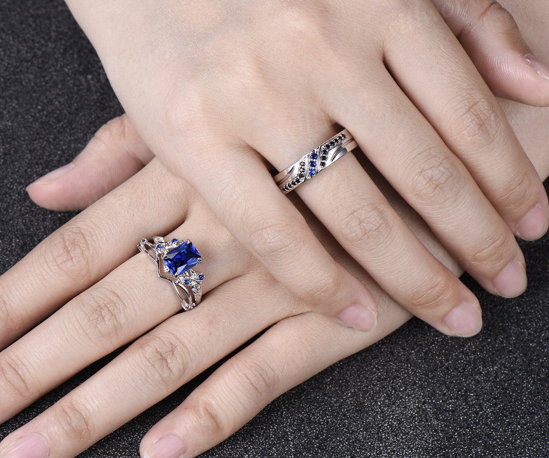 Radianit Cut Sapphire Twig Leaf Ring Set & Round Sapphire Black Spinel Men Wedding Ring Couple Ring Set