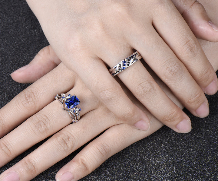 Radianit Cut Sapphire Twig Leaf Ring Set & Round Sapphire Black Spinel Men Wedding Ring Couple Ring Set