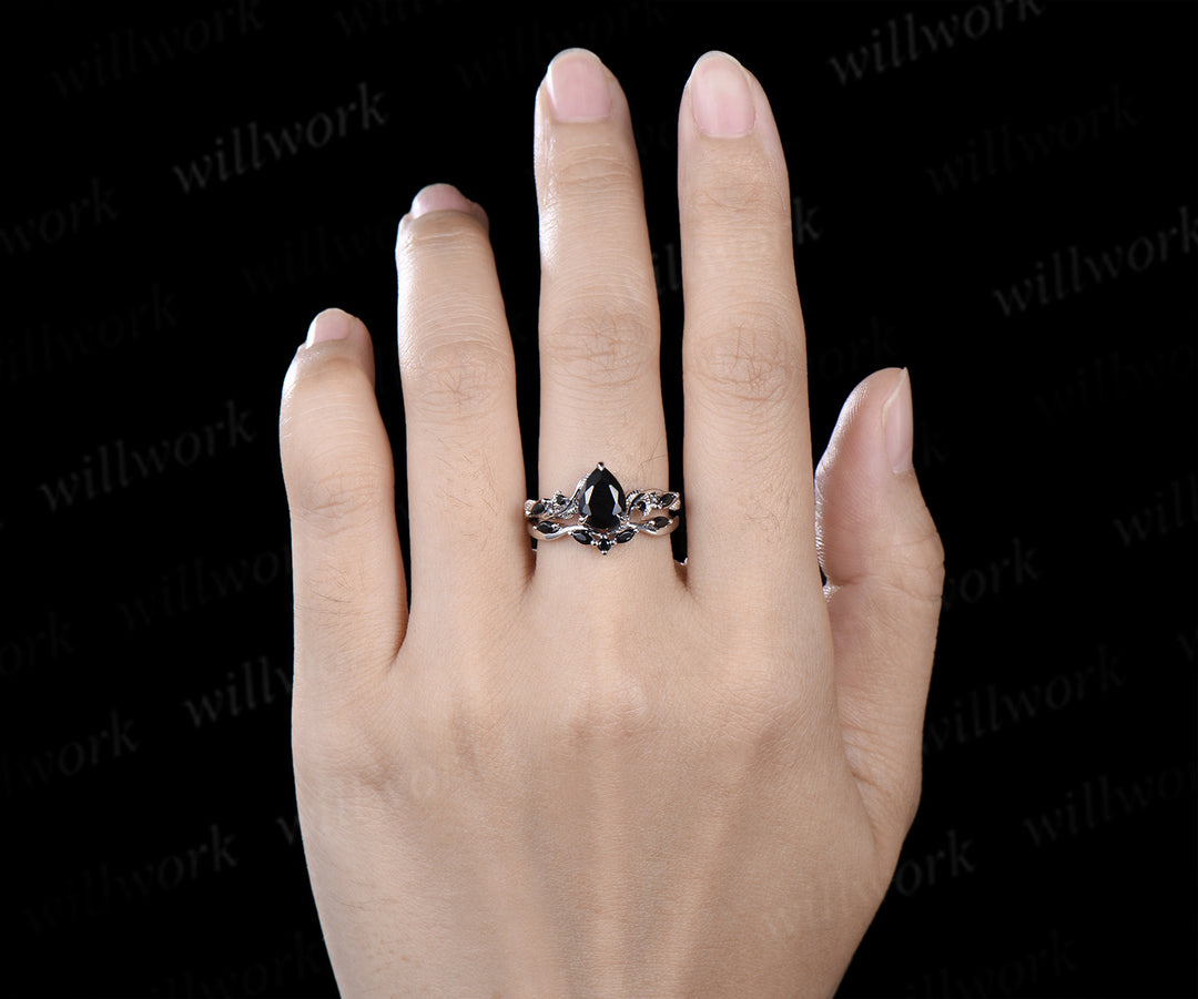 Pear Cut Black Onyx Leaf Twig Bridal Ring Set & Full Eternity Black Onyx Black Spinels Men Ring Unique Couple Ring Set