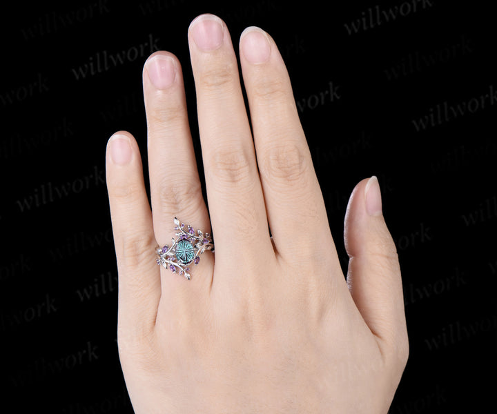 Oval Fantasy Cut Alexandrite Leaf Vine Engagement Ring Amethyst Twig Enhancer Band Nature Inspired Alexandirte Bridal Set