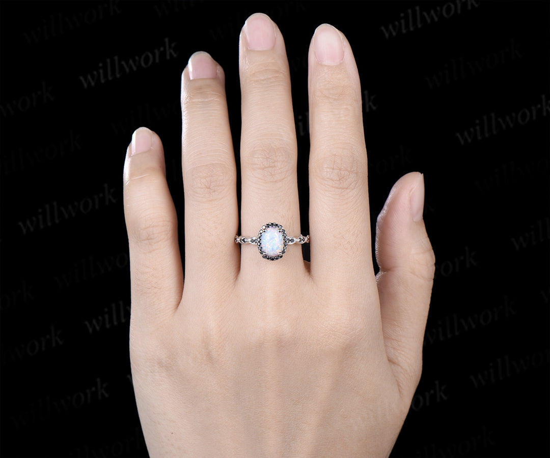 Oval white opal engagement ring vintage black diamond halo half eternity band promise ring