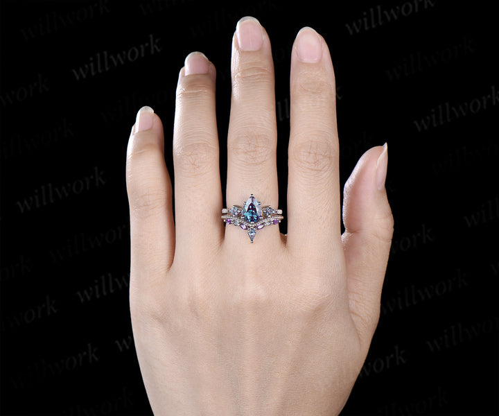 Pear cut alexandrite engagement ring set kite alexandrite half eternity diamond marquise amethyst stacking bridal set