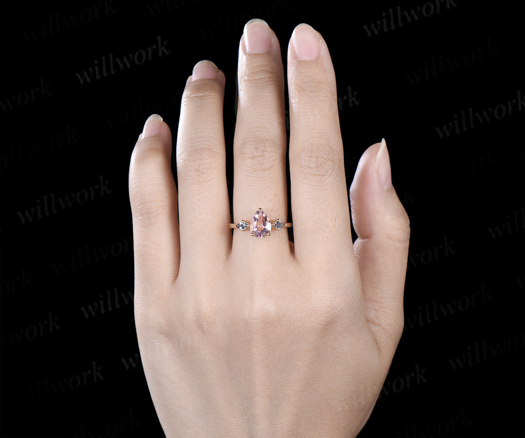 Nature pear pink morganite engagement ring minimalistic three stone unique kite cut alexandrite ring anniversary ring for women