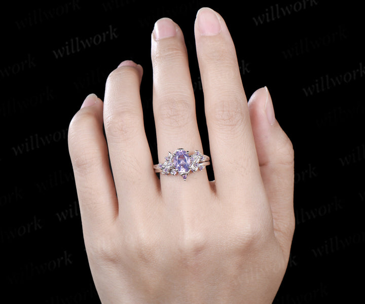 Vintage oval cut Lavender Amethyst engagement ring set amethyst leaf ring curved marquise purple crystal band unique bridal set