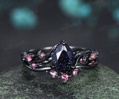 Teardrop blue sandstone ring set black gold leaf vine engagement ring with pink tourmaline accents galaxy gemstone bridal set