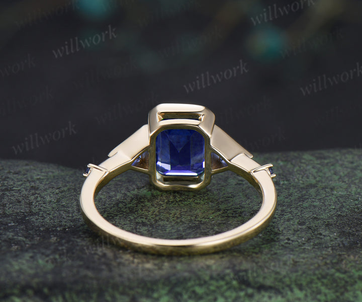 Emerald cut sapphire ring trilliant cut sapphire bezel engagement ring unique five stone ring for women