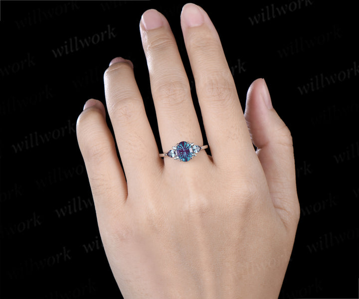 Oval Fantasy Cut Alexandrite Engagement Ring Cluster Pear Alexandrite Seven Stone Ring Unique June Birthstone Gifts