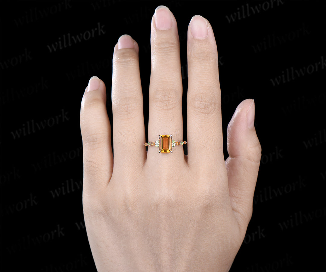 Emerald cut citrine engagement ring peridot marquise yellow citrine wedding ring November birsthone jewelry