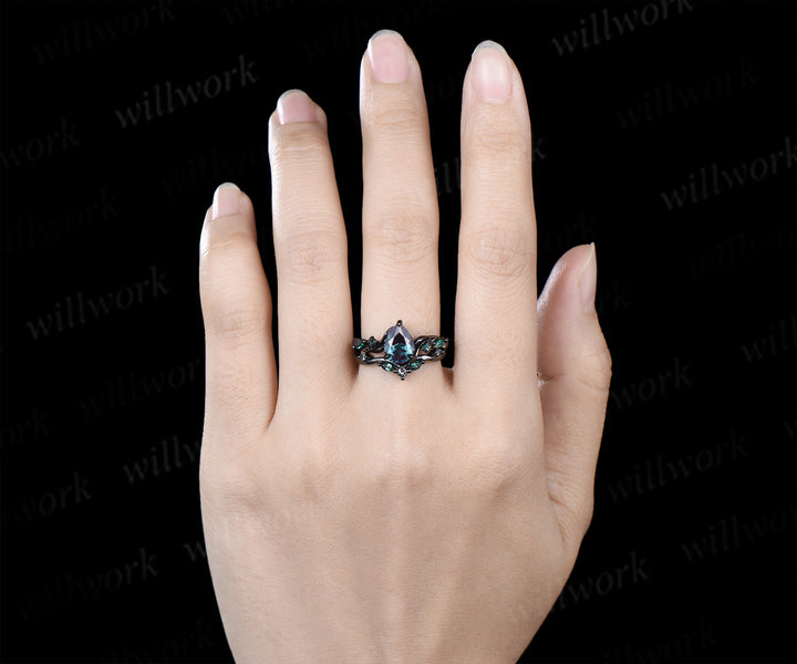 Pear alexandrite ring set unique twig vine teardrop emerald accent ring unique bridal set jewelry gifts