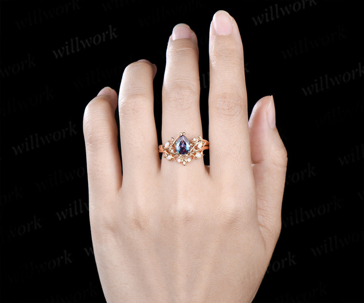 Pear cut alexandrite engagement ring set leaf twig moon opal moissanite ring celtic knot bezel opal wedding ring band enchanting bridal set