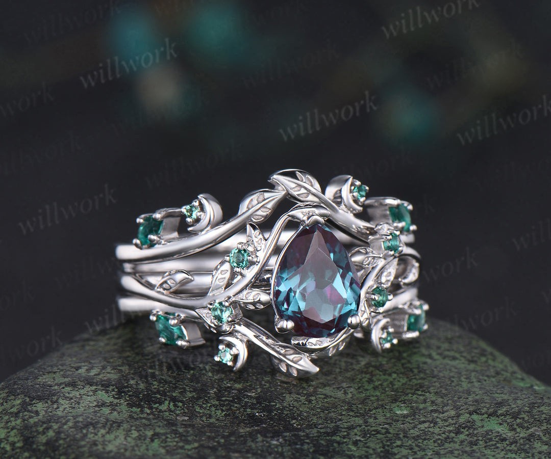 Vintage pear alexandrite engagement ring set leaf twig art deco emerald ring double layer emerald enhancer band unique brial set