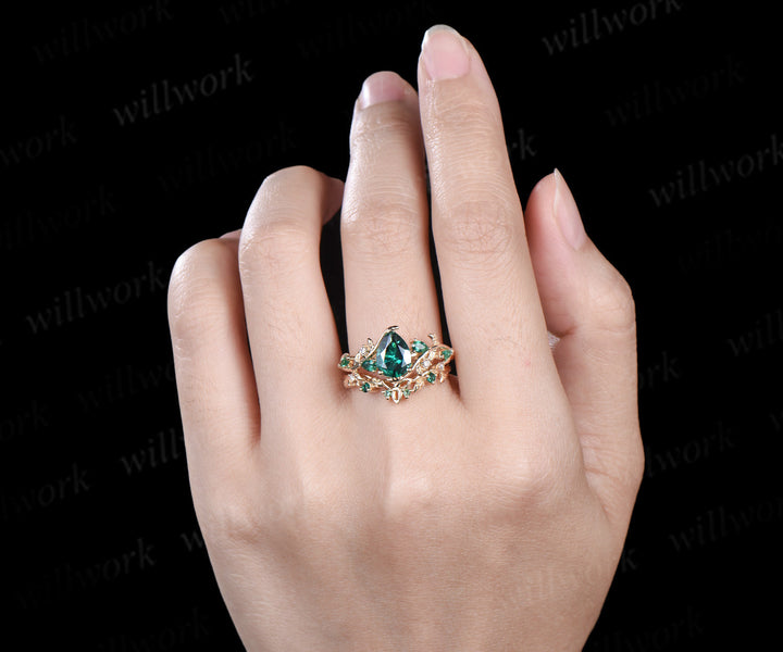 Vintage pear cut emerald engagement ring set pear emerald leaf twig ring celtic knot leaf wedding band unique bridal set