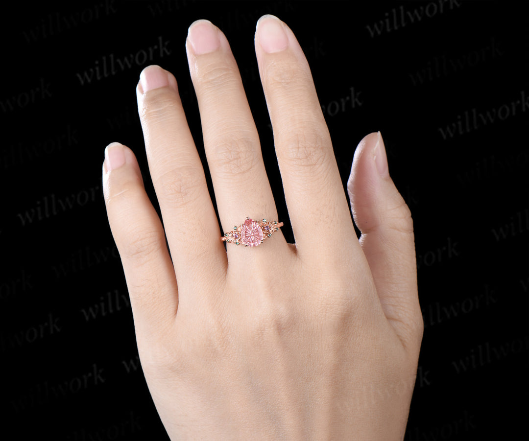 Fantasy Cut Padparadscha Engagement Ring Pear Shape Pink Sapphire Floral Amethyst Emerald Leaf Nature Inspired Ring